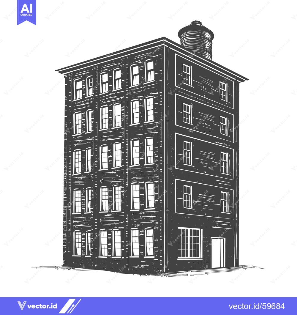 Premium Vector of An artistic illustration of a tall building with a water tower