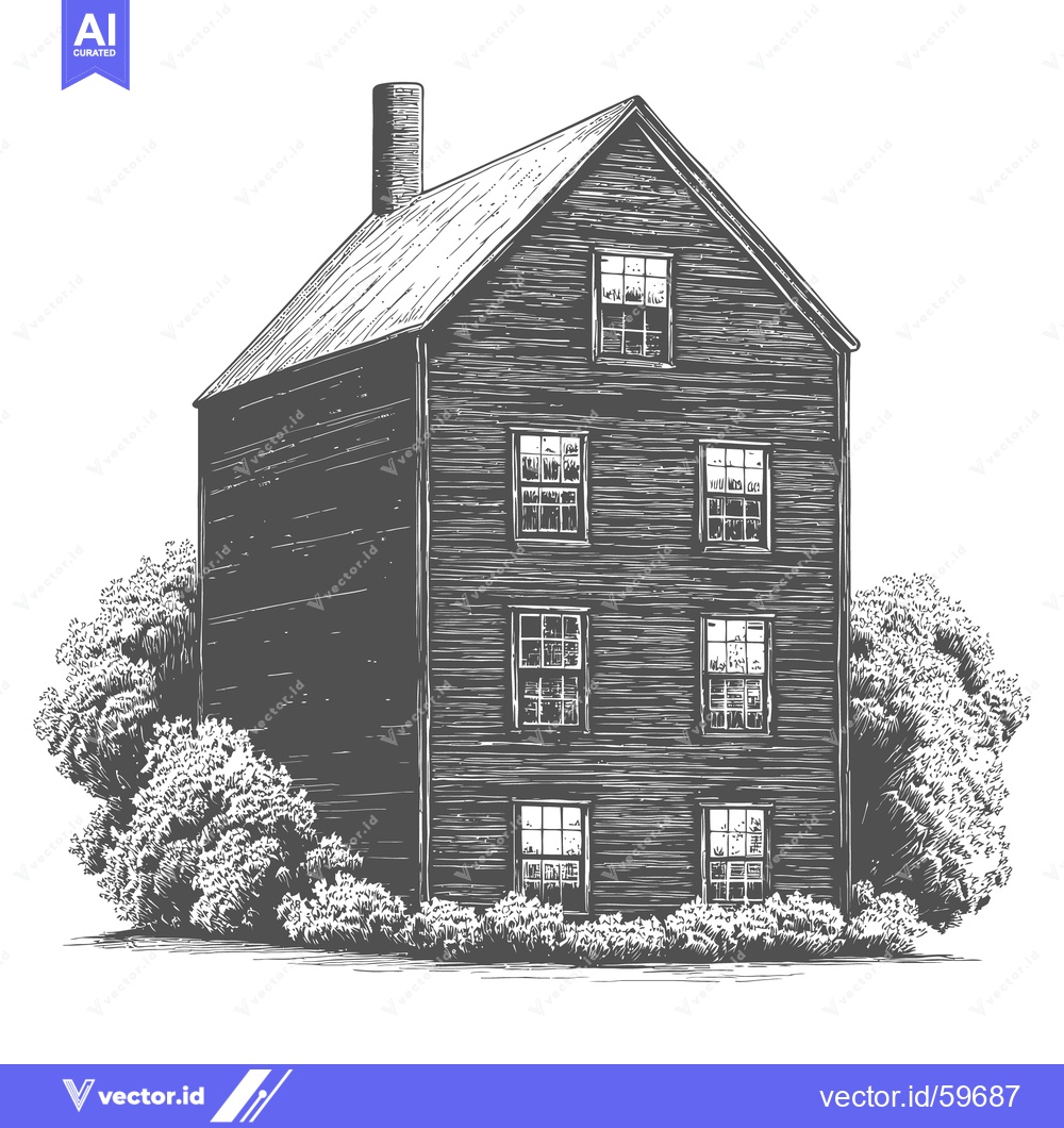 Premium Vector dari A detailed illustration showcasing a tall wooden house with greenery