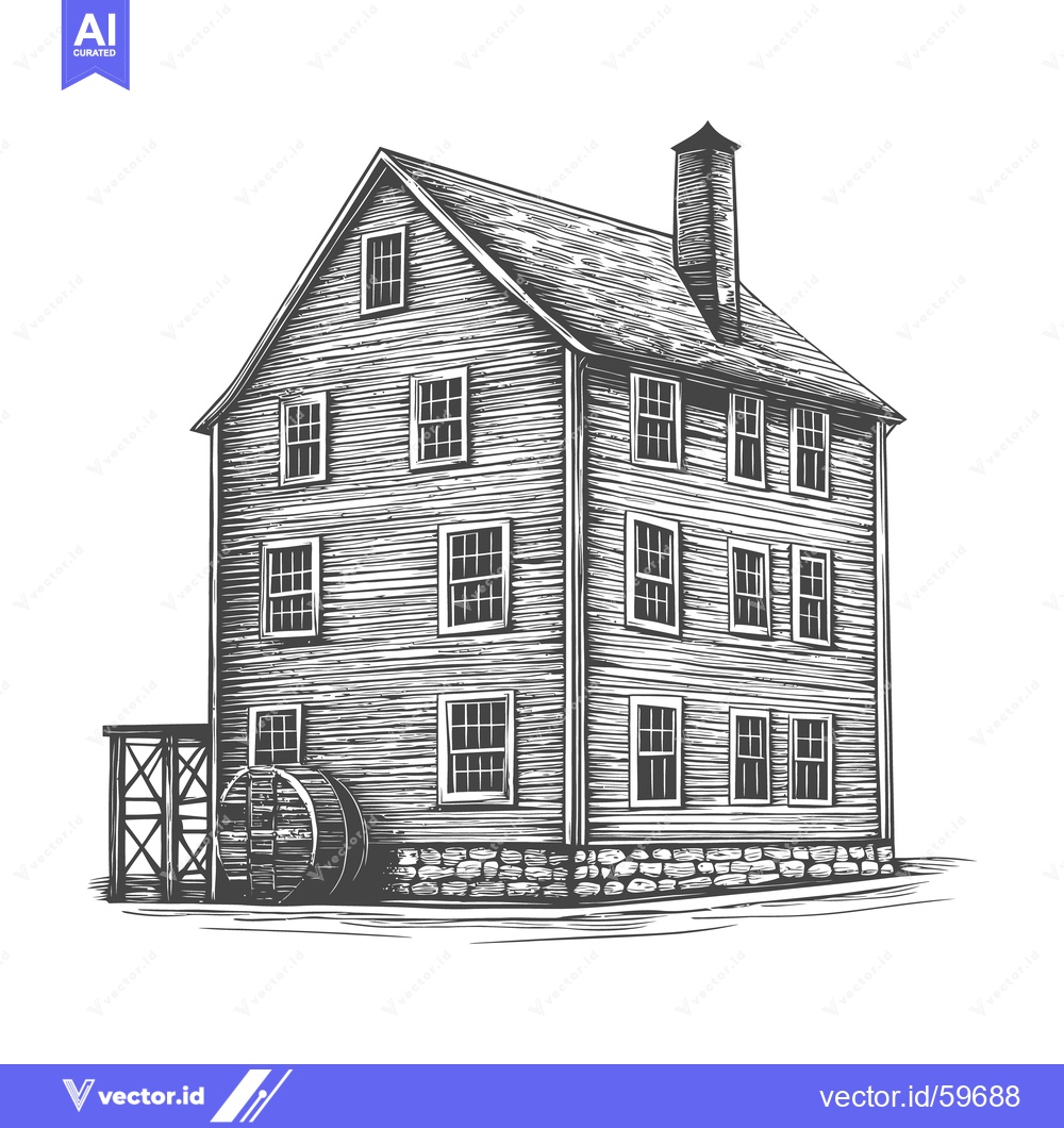 Premium Vector of A tall wooden building with a water wheel chimney