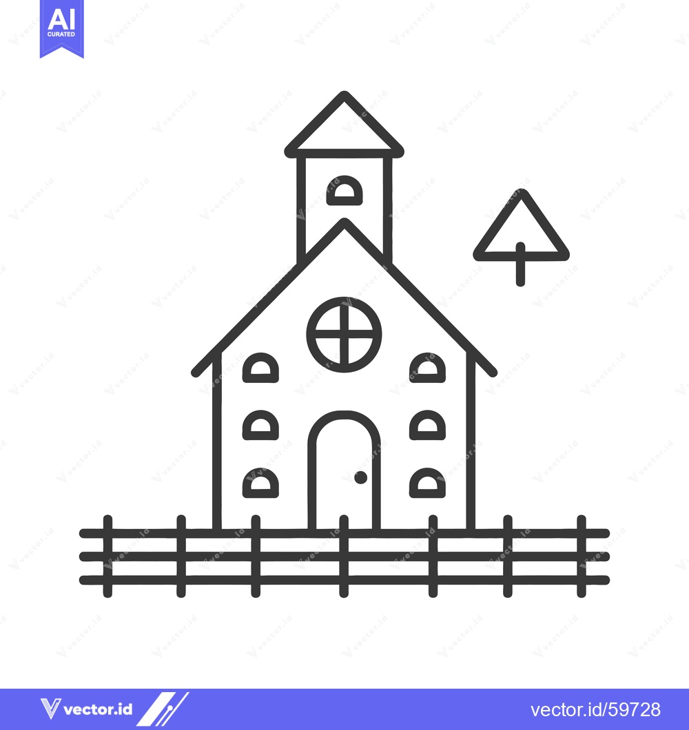 Premium Vector of Simple Line Drawing Of A Church With Fence And Tree