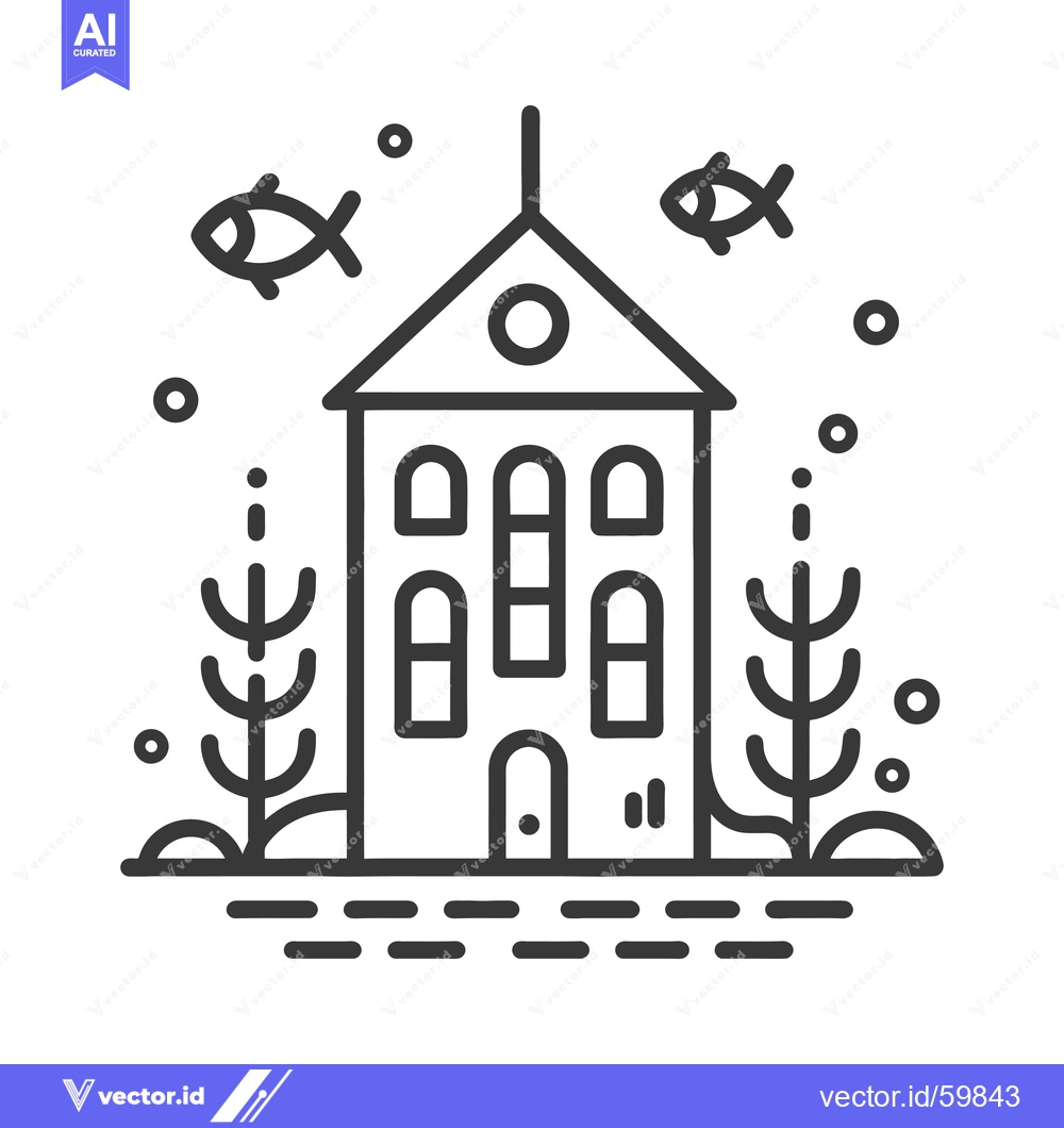 Premium Vector dari Simple Line Drawing Of A House Near Water With Fish