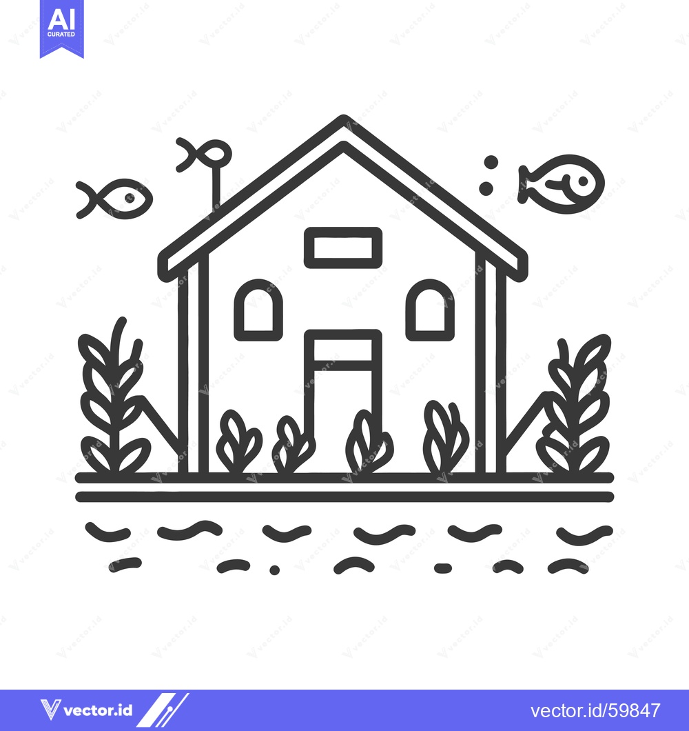 Premium Vector dari Lakeside House with Aquatic Plants and Fish