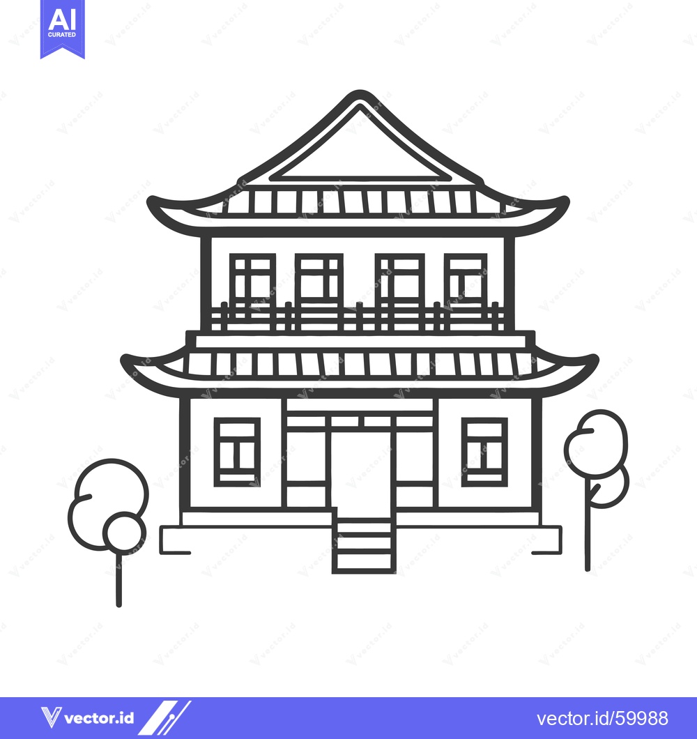 Premium Vector of A Two Story Asian Style House with Trees