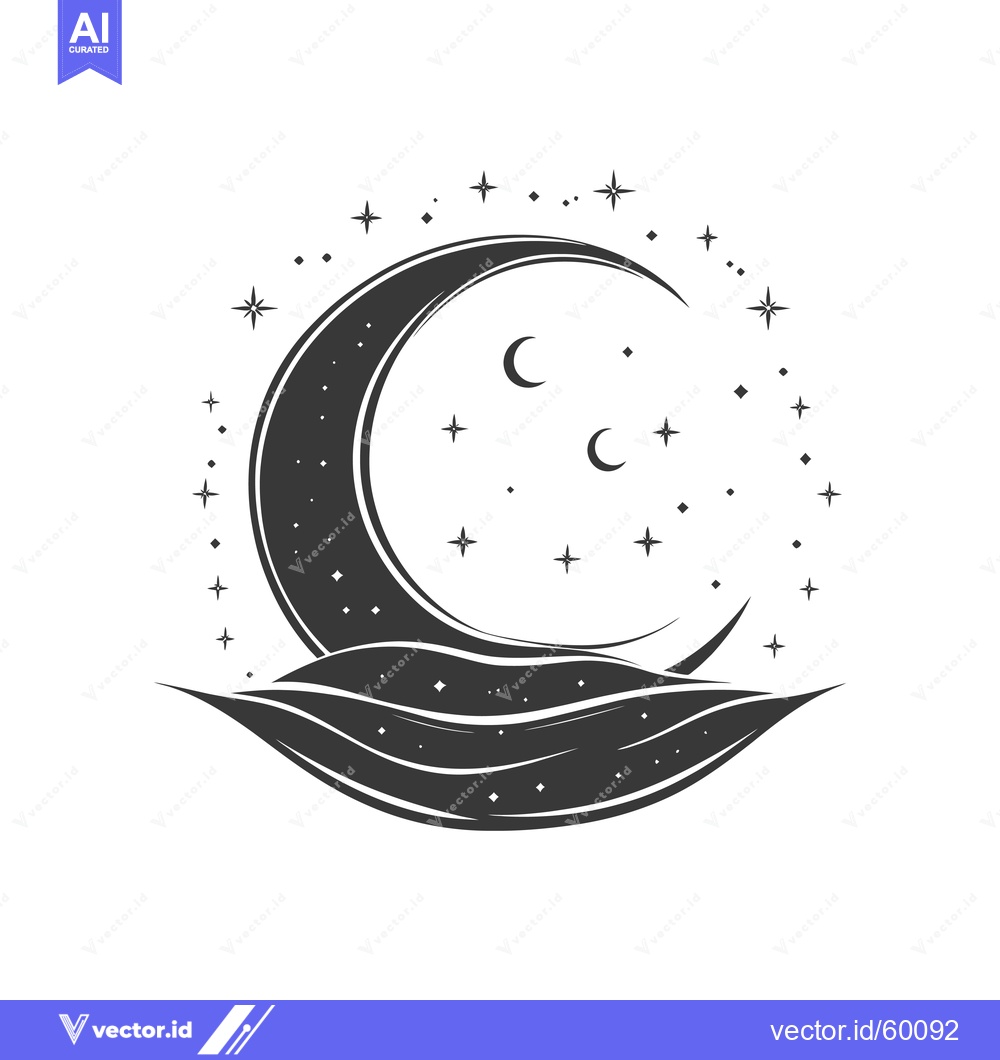 Premium Vector of Crescent Moon Over Wavy Ocean With Stars
