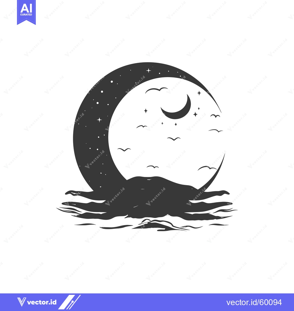 Premium Vector dari Crescent Moon Over Ocean Waves With Birds And Stars