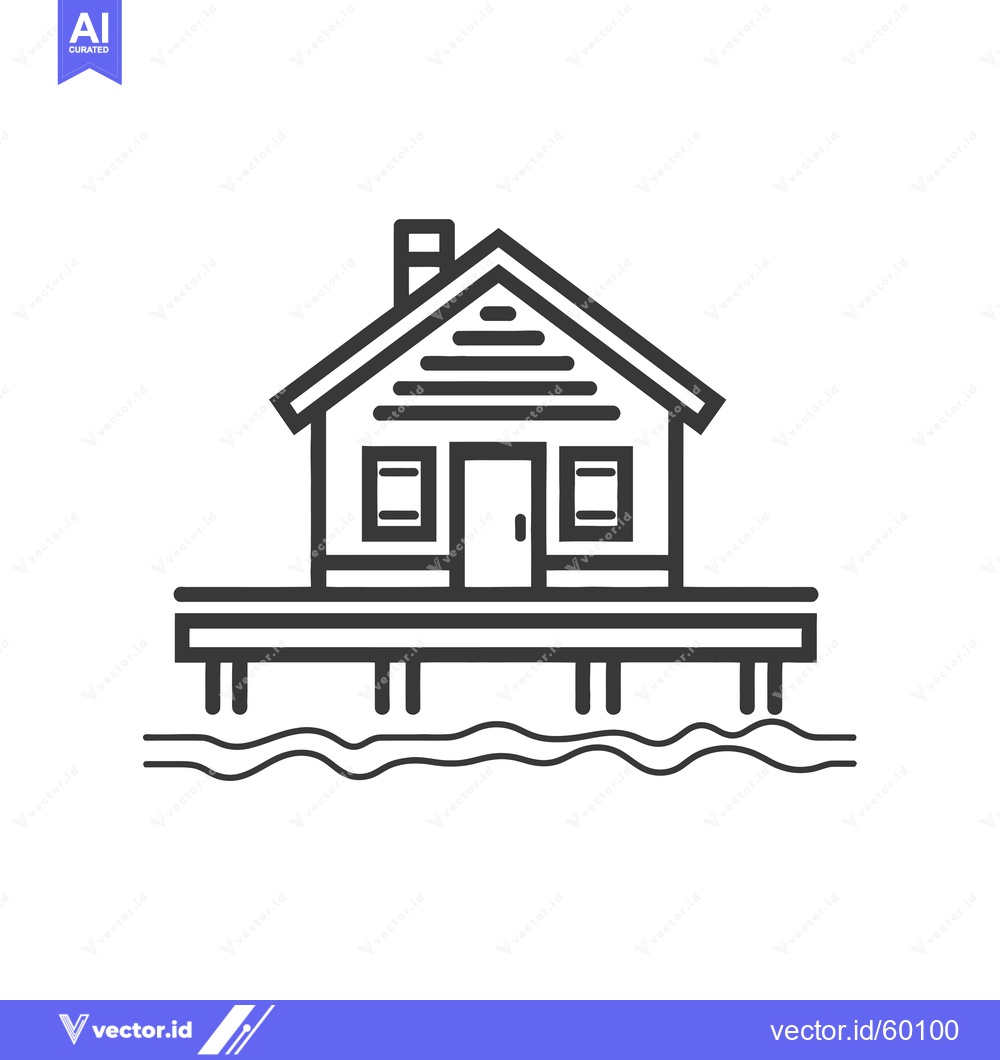 Premium Vector of A lakeside house sits on stilts above the water
