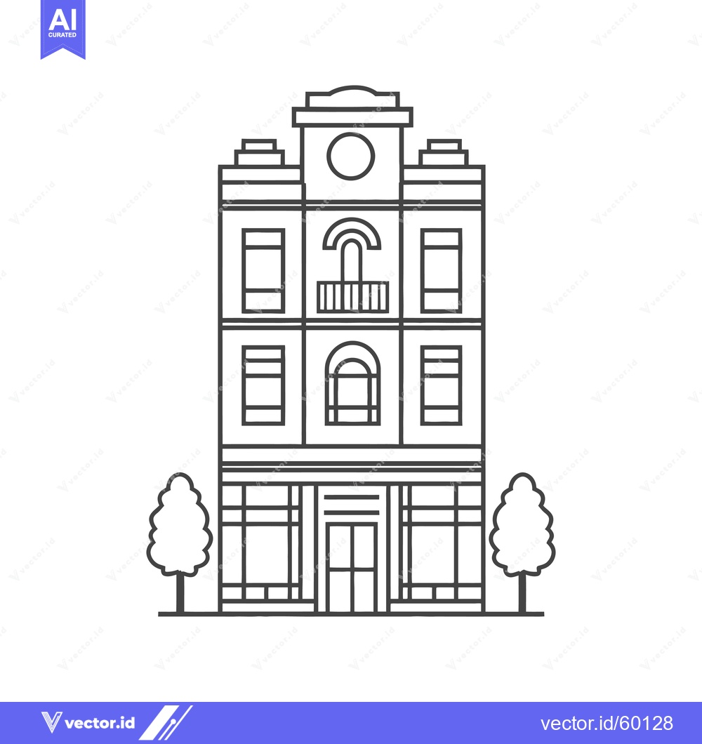Premium Vector dari Line Drawing of a Three Story Building with Trees