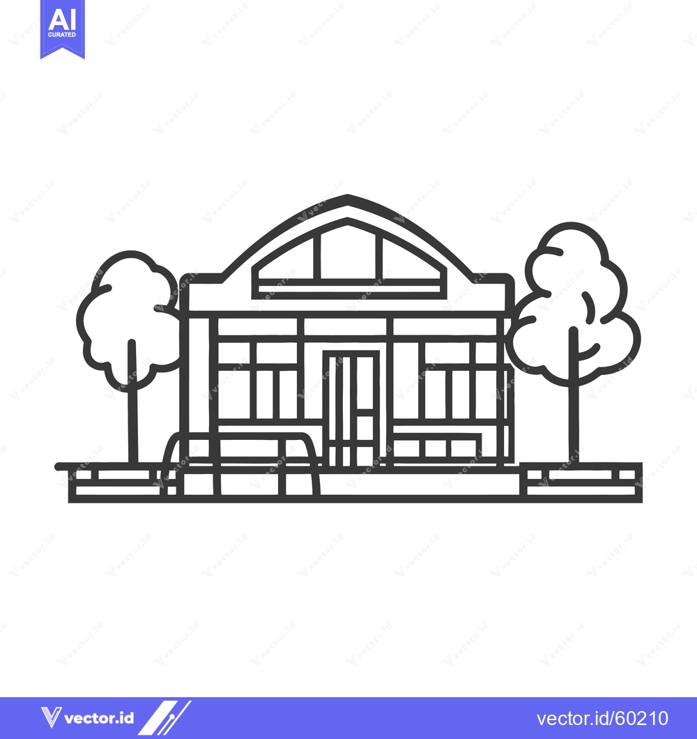 Premium Vector of Line drawing of a building with trees and a bench