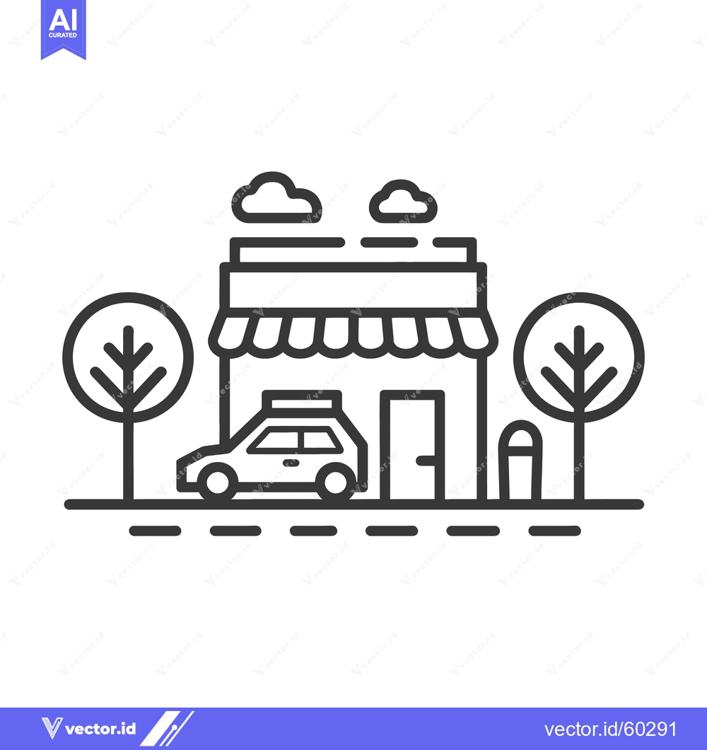 Premium Vector of Line art illustration of a shop with a car parked outside