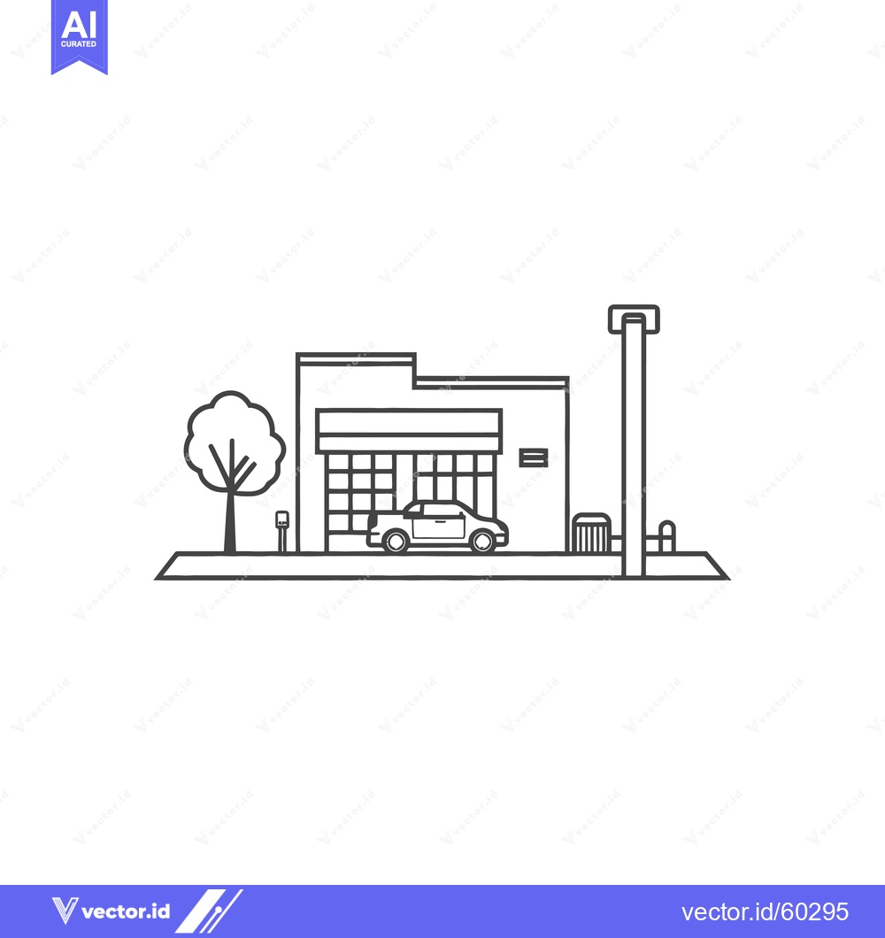 Premium Vector dari Simple Line Drawing of a Building with Car and Tree