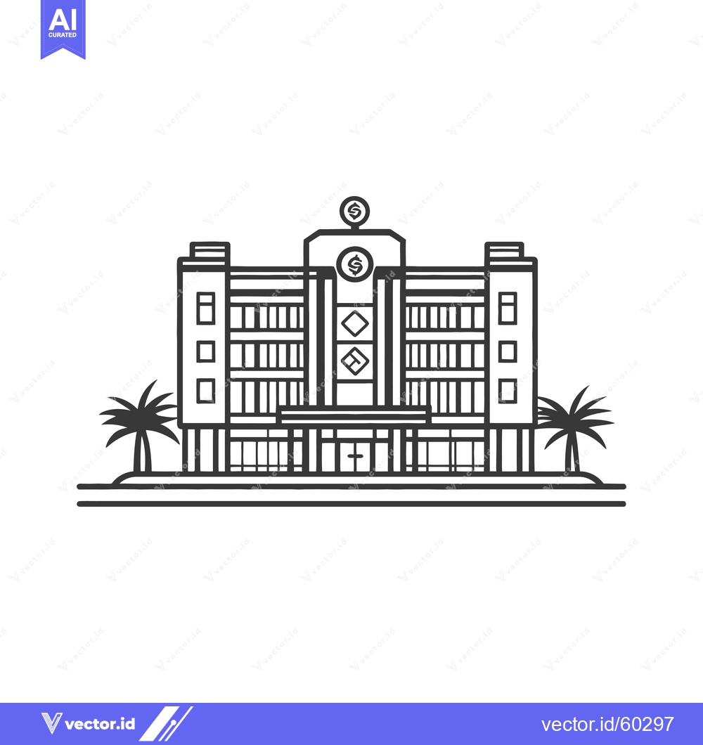 Premium Vector of A stylized illustration of a bank building with palm trees