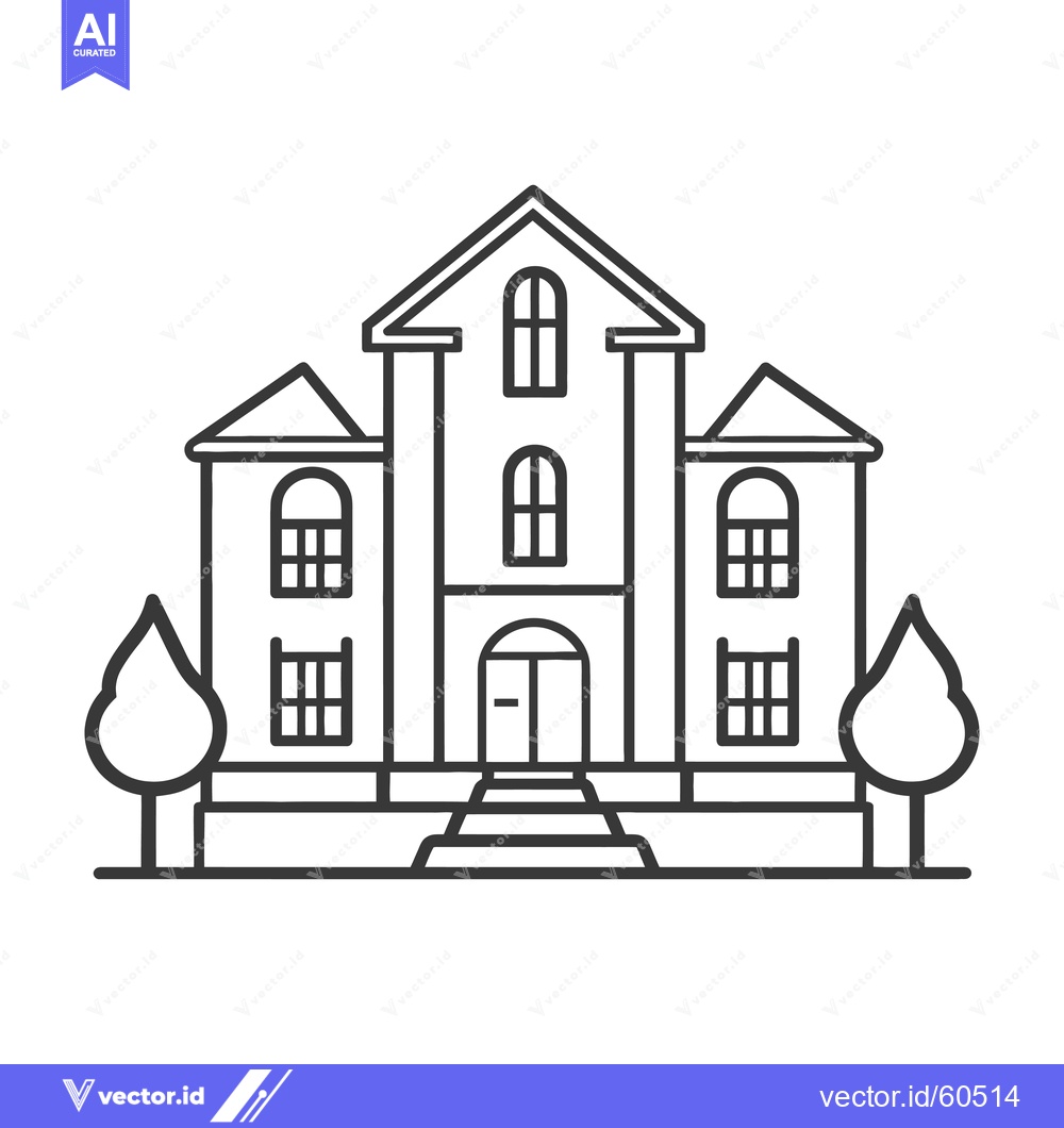 Premium Vector dari A line drawing depicts a grand house with trees