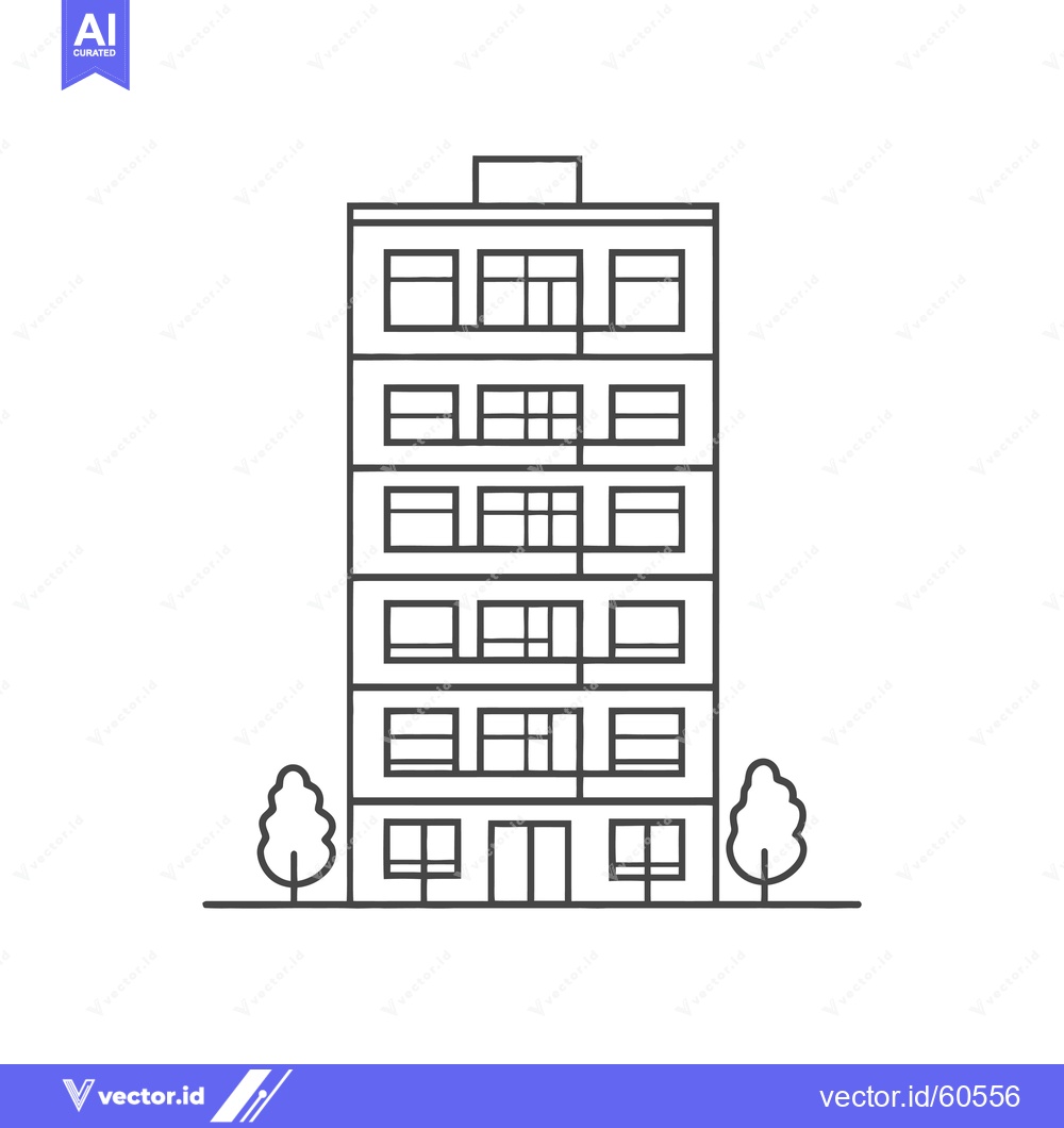 Premium Vector of Apartment Building Line Drawing With Trees