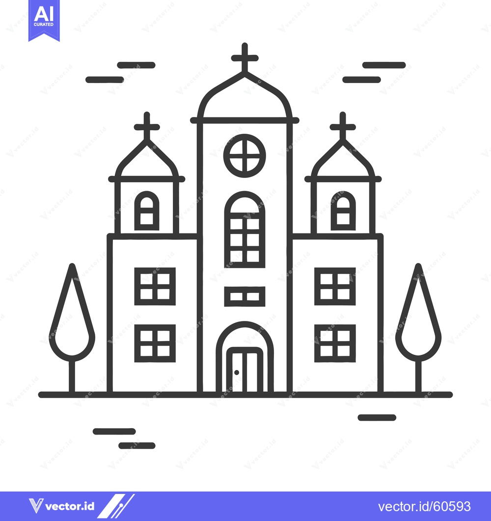 Premium Vector of Line art illustration of a church with trees