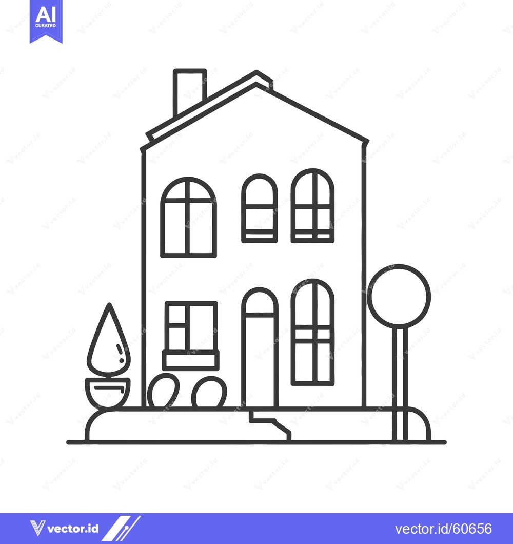 Premium Vector dari Line drawing of a two story house with landscaping