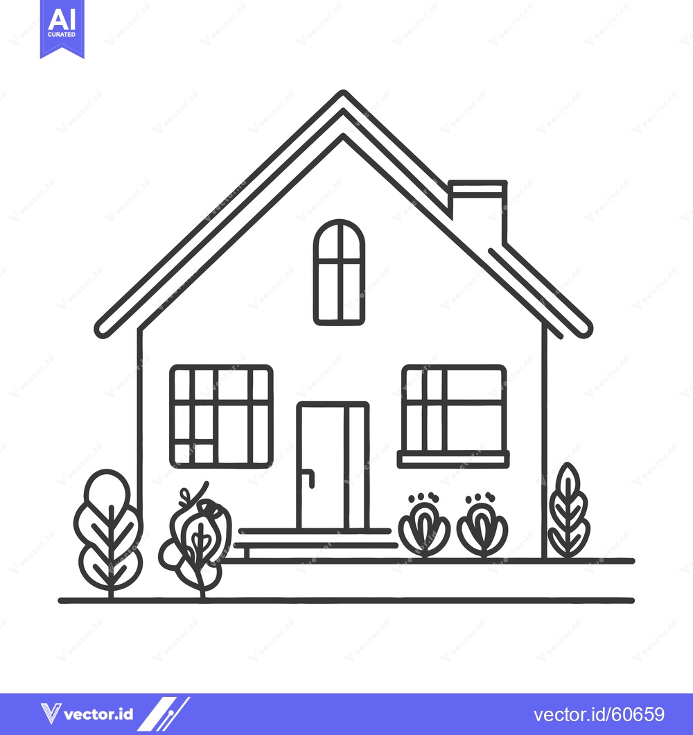 Premium Vector dari Simple Line Drawing of a House with a Garden