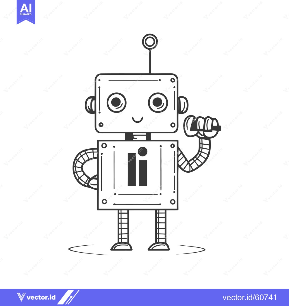 Premium Vector dari Smiling Robot Character with Antenna and Holding a Tool