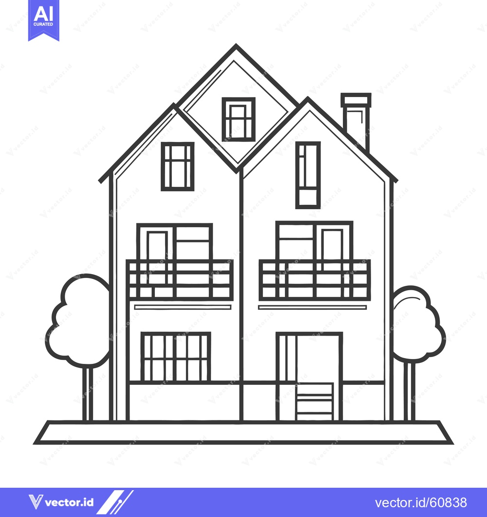 Premium Vector of Line drawing of a two story house with balconies and trees