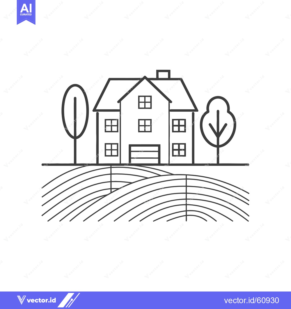 Premium Vector dari House on Rolling Hills with Trees a Simple Farm Scene
