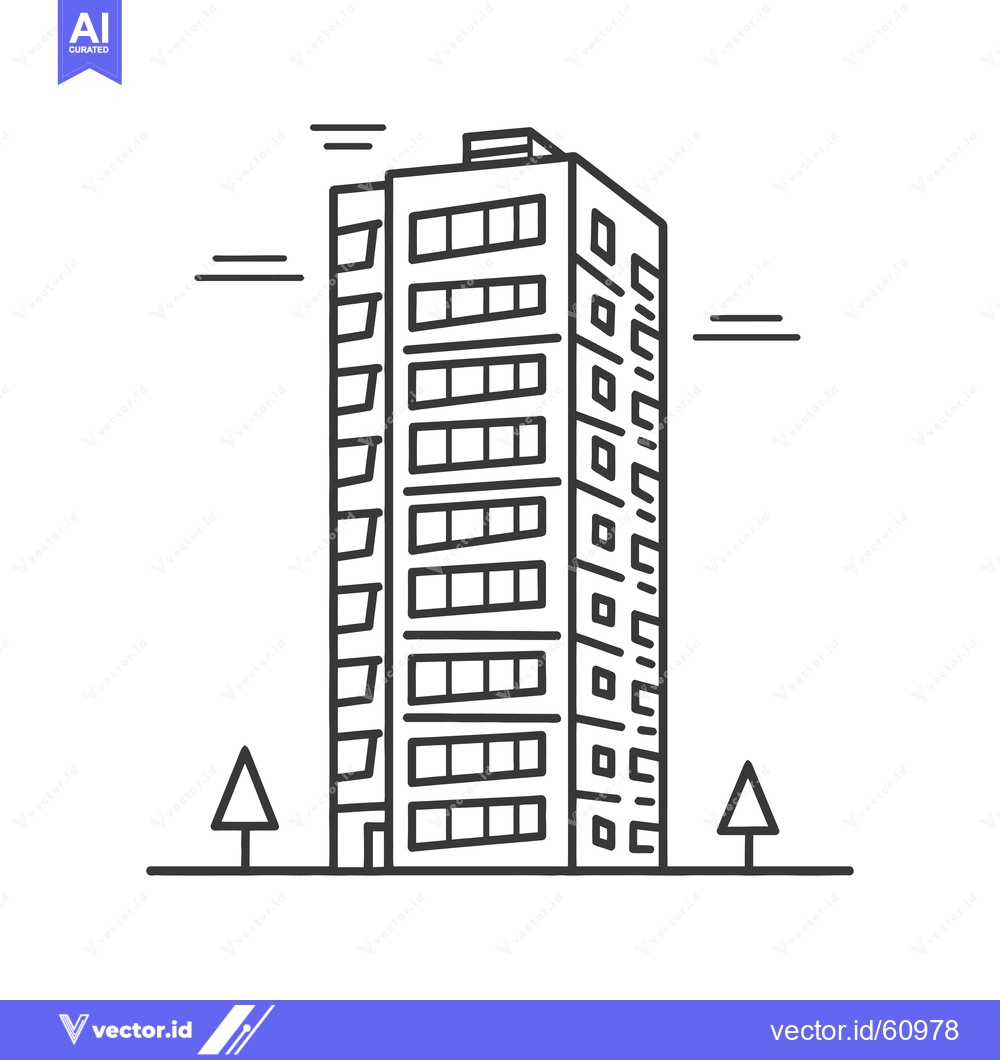 Premium Vector of Line drawing of a tall apartment building with trees