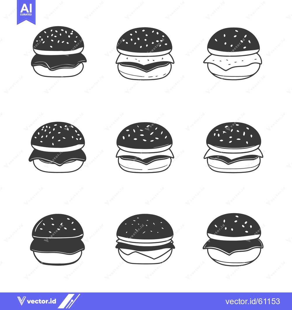 Premium Vector dari Different depictions of simple illustrated burgers in rows of three