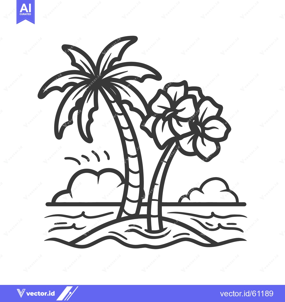 Premium Vector dari Two tropical trees and flowers on a small island landscape