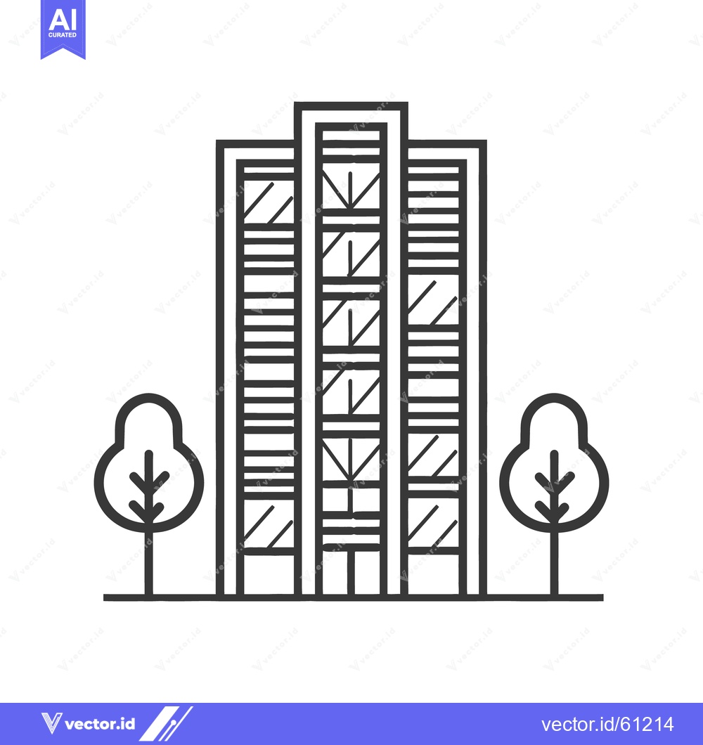Premium Vector of A tall modern building featuring stylized trees on either side