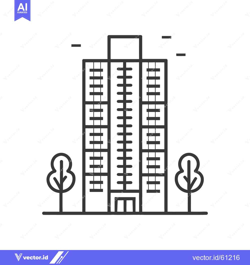Premium Vector of A tall high rise building stands between two stylized trees