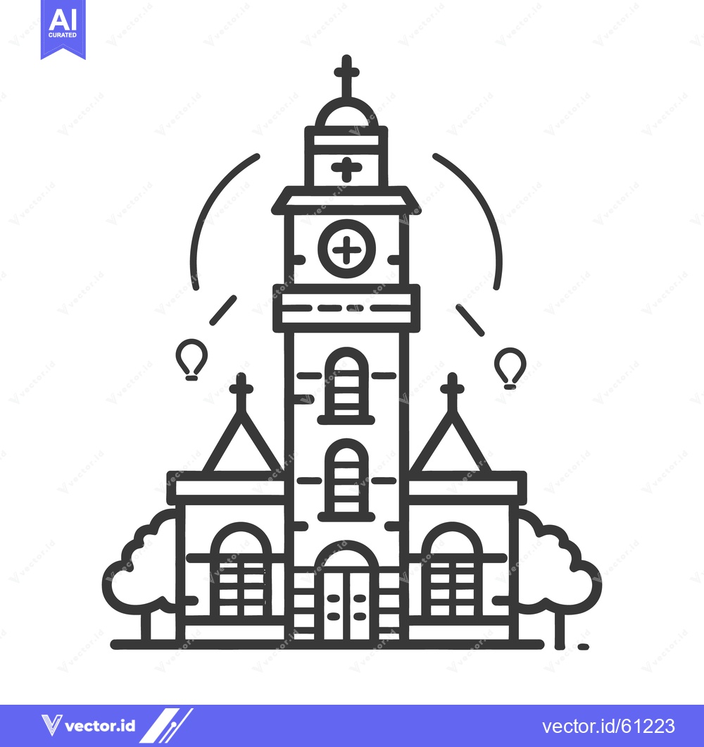 Premium Vector dari An illustration of a church building with clock and trees around it