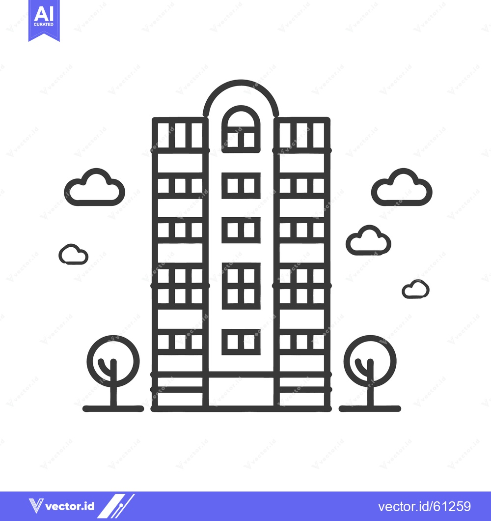 Premium Vector dari A tall building with trees and clouds in a simple illustration