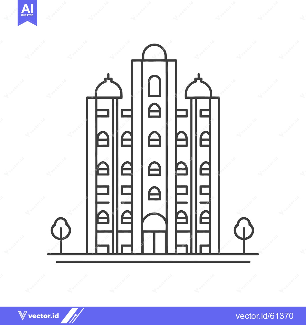 Premium Vector dari A tall linear illustrated building with trees on either side
