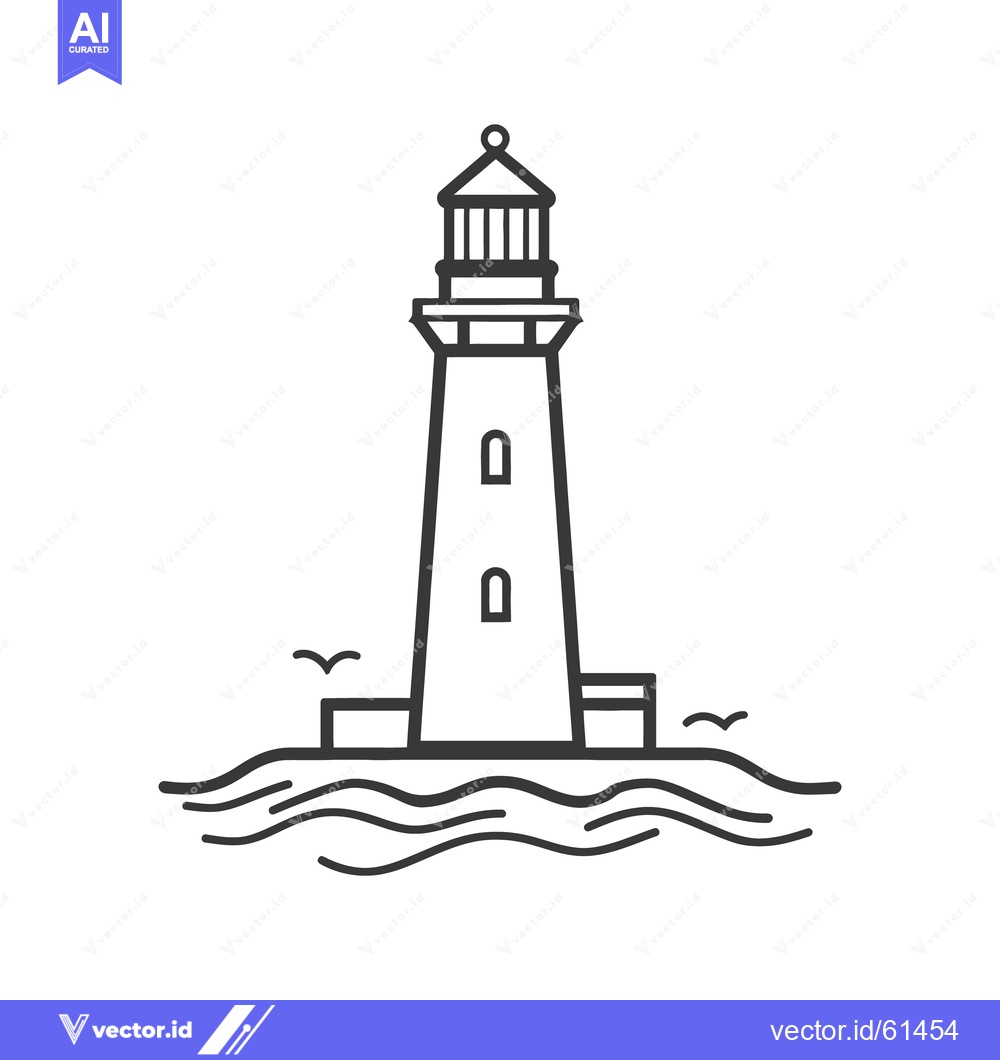 Premium Vector of A tall lighthouse standing on water with simple bird illustrations