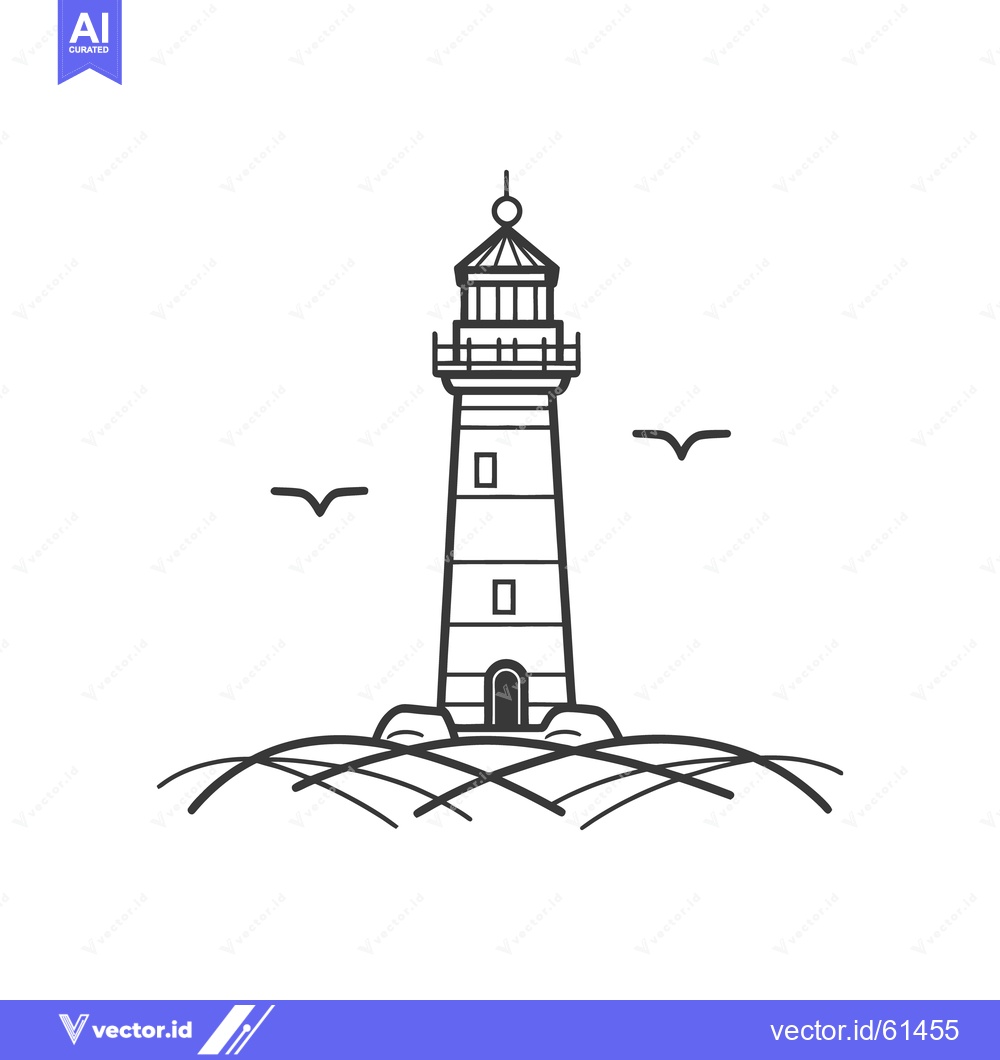 Premium Vector of A Tall Lighthouse Stands On Rocky Ground Near Two Flying Birds