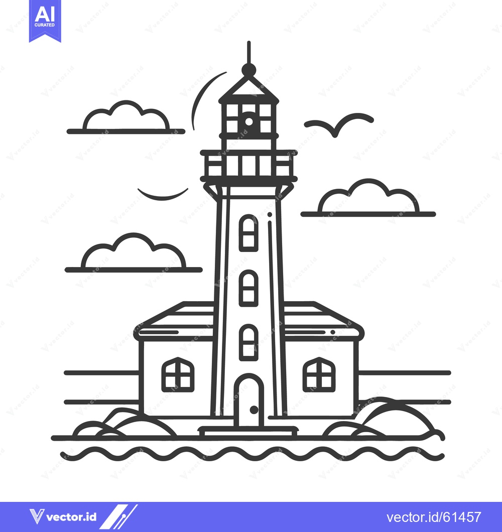 Premium Vector of A black and white vector drawing of a coastal lighthouse scene