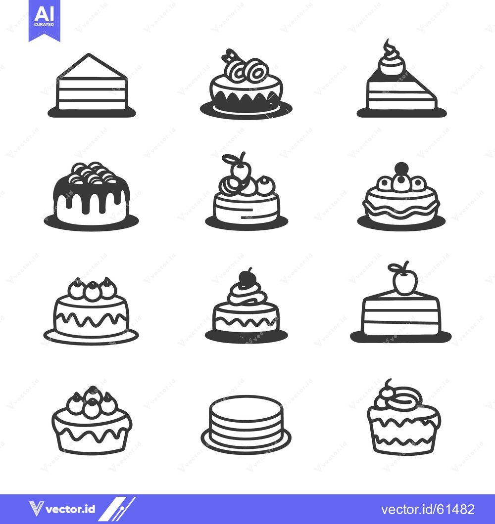 Premium Vector dari Various illustrations showing different stylized cakes and cake slices