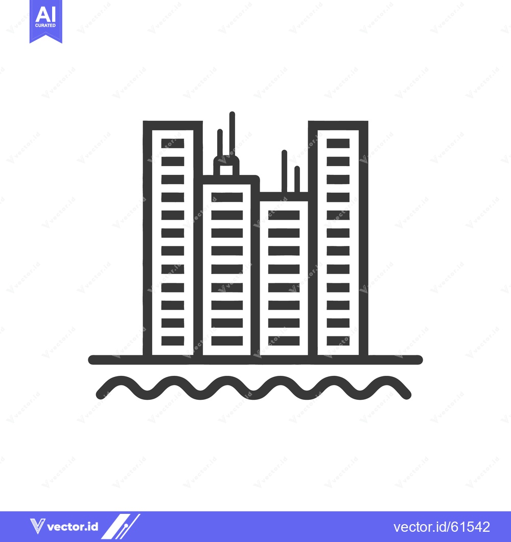 Premium Vector dari Several tall buildings are illustrated above wavy lines representing w