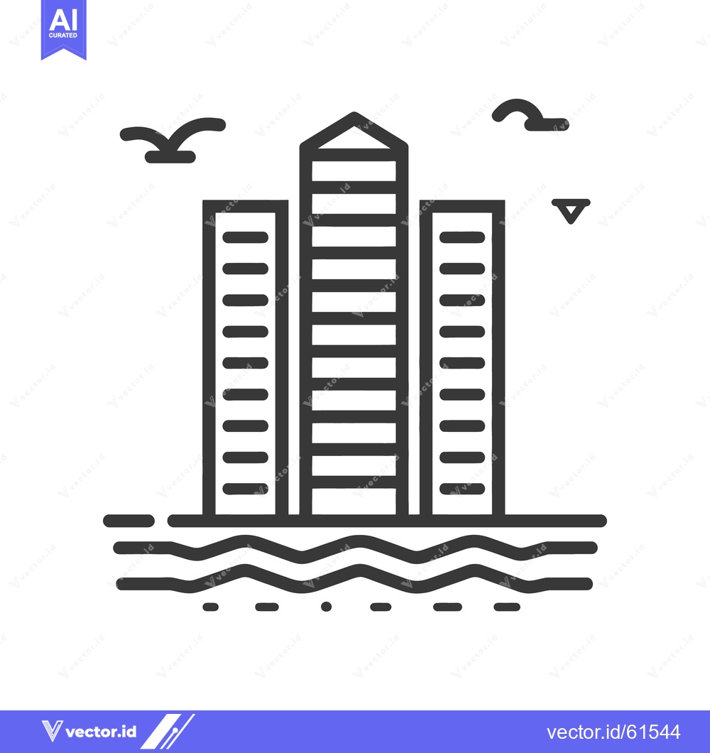 Premium Vector of Iconic buildings near the sea with flying bird silhouettes in the sky