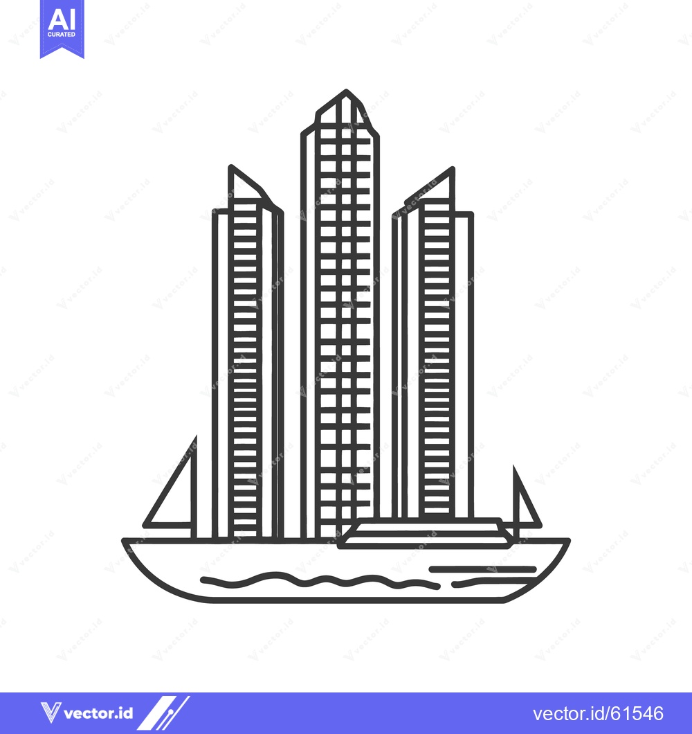Premium Vector of Three skyscrapers and a sailboat rendered in black and white