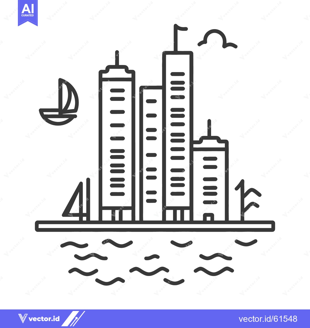 Premium Vector dari A minimalist line drawing showing a cityscape on the water