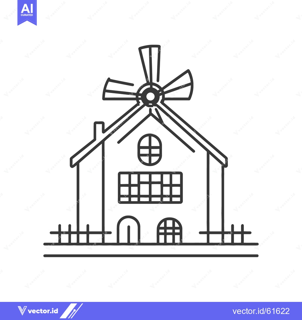 Premium Vector dari A simple black line drawing of a house with a windmill