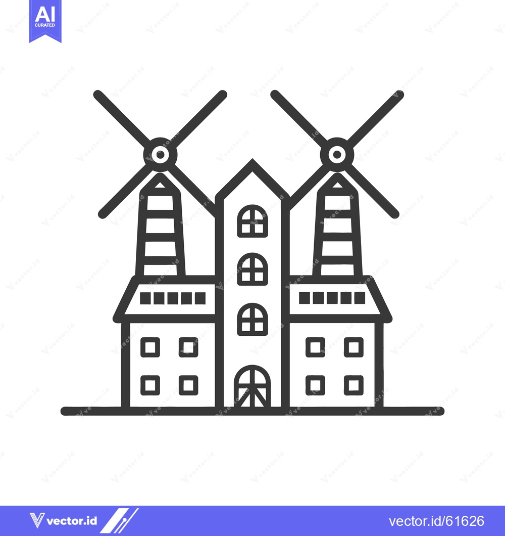 Premium Vector dari A simple black and white illustration of two windmills and buildings