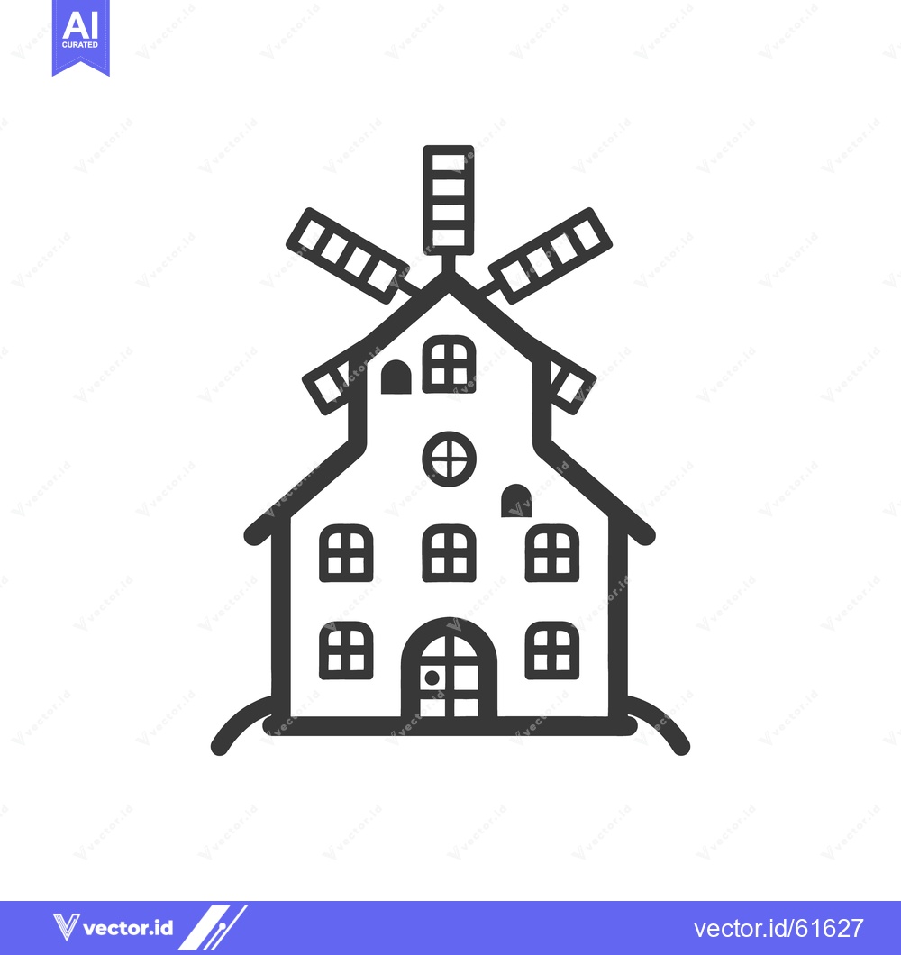 Premium Vector dari A stylized black and white illustration of a windmill building