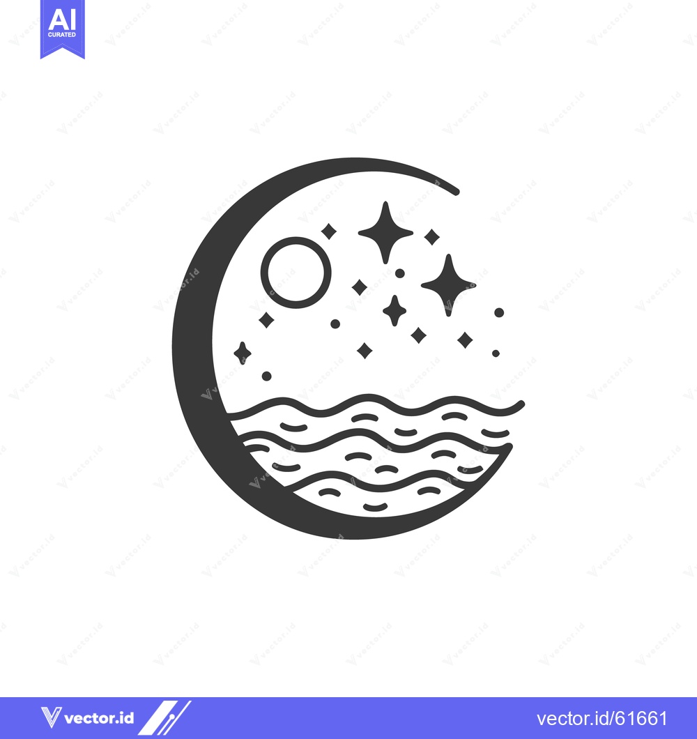 Premium Vector of A crescent moon contains celestial bodies above the wavy ocean