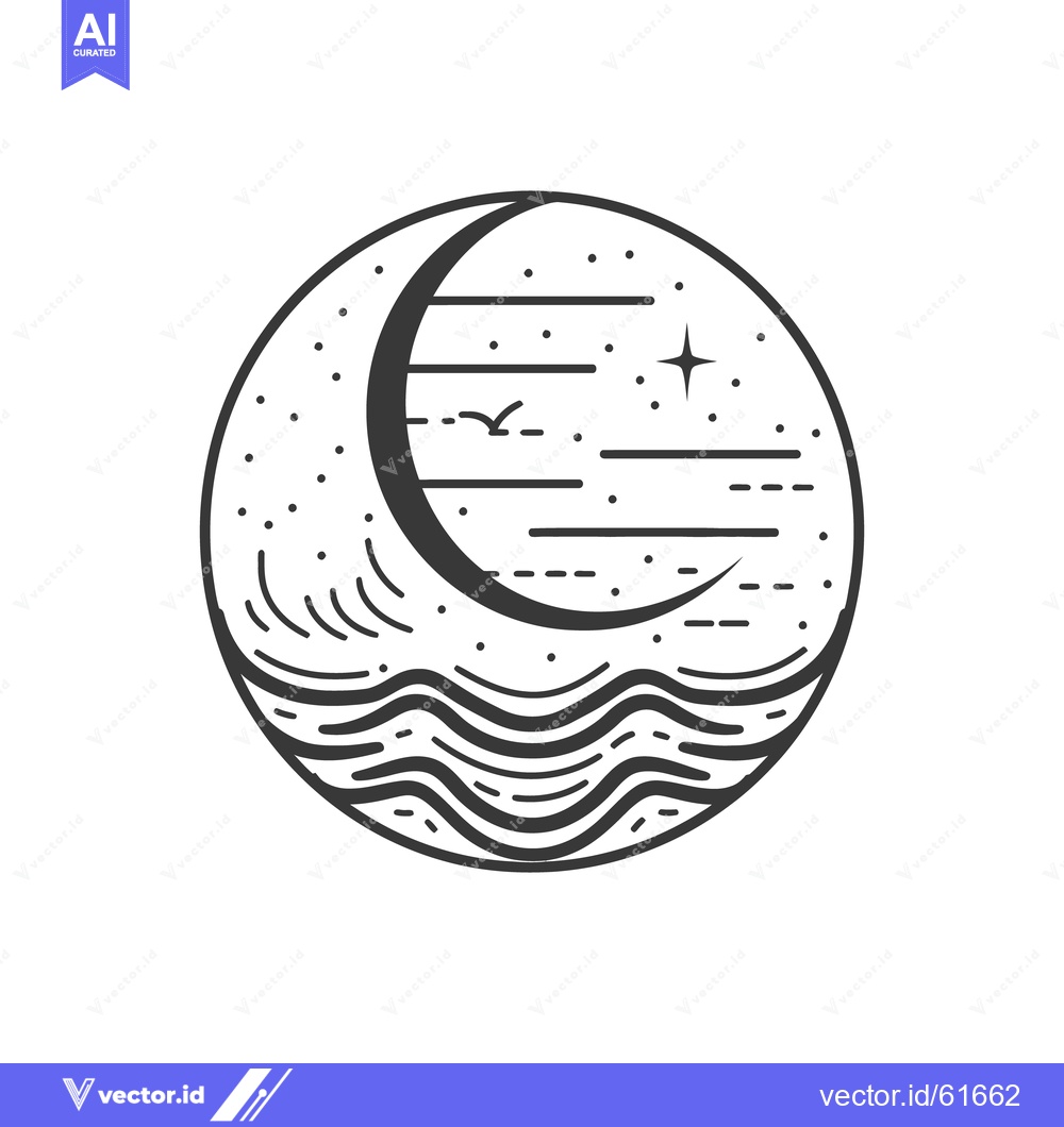 Premium Vector dari A stylized illustration of a crescent moon and ocean scene