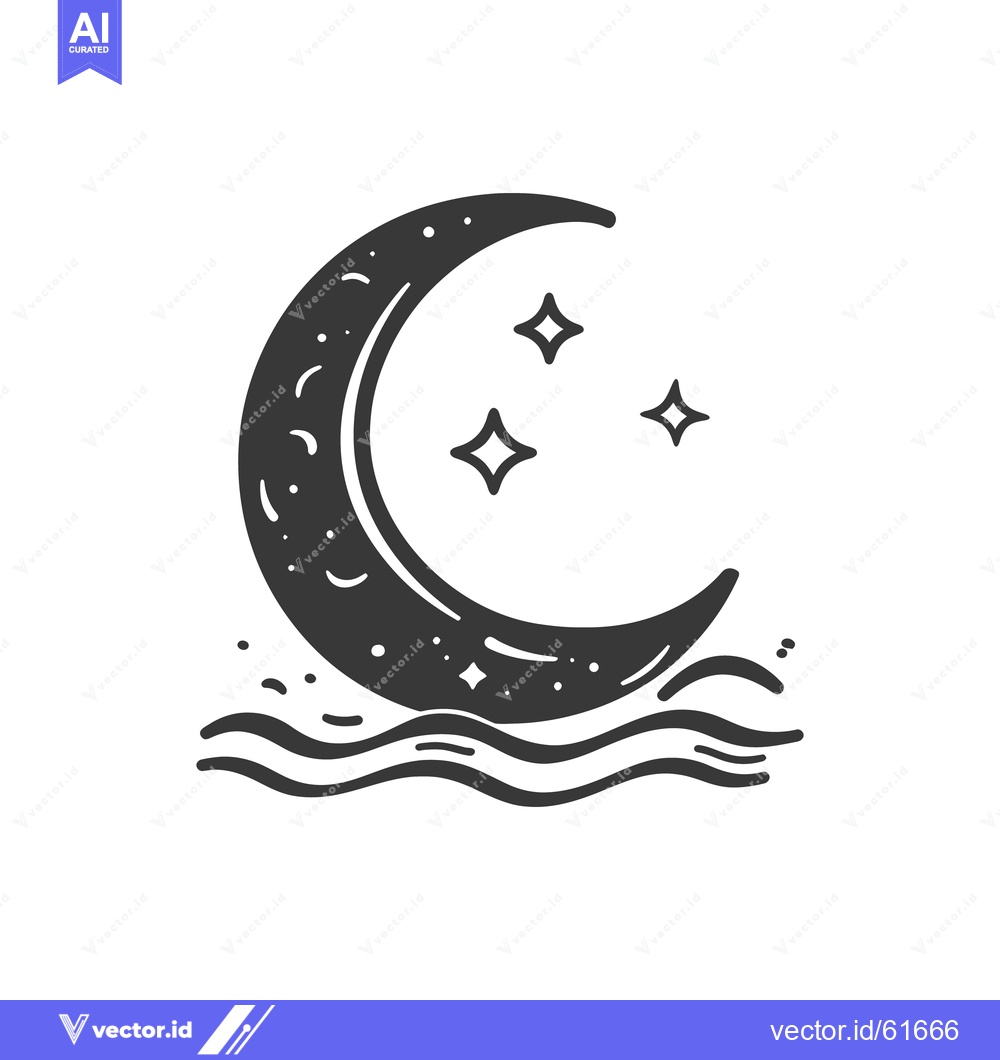 Premium Vector dari A crescent moon with stars above water waves illustration