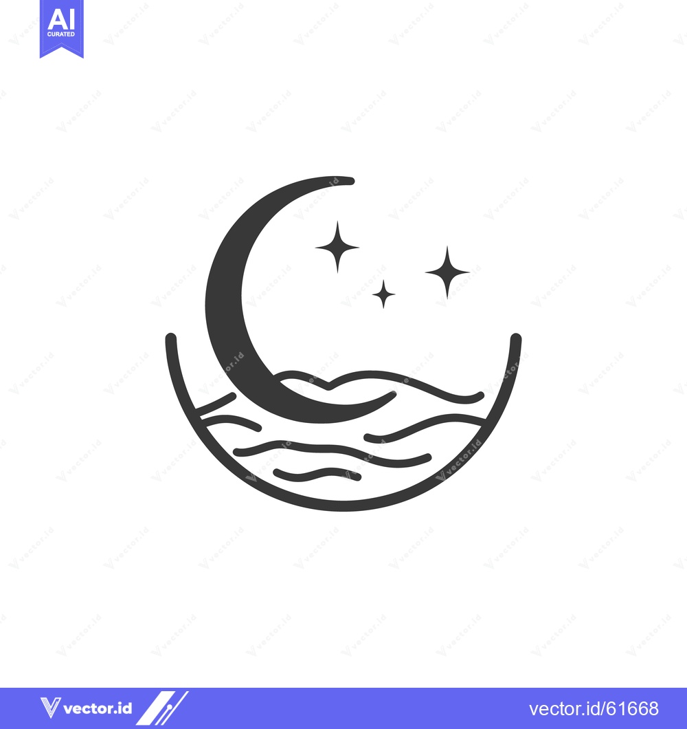 Premium Vector dari Dark crescent moon with three stars above wavy ocean art