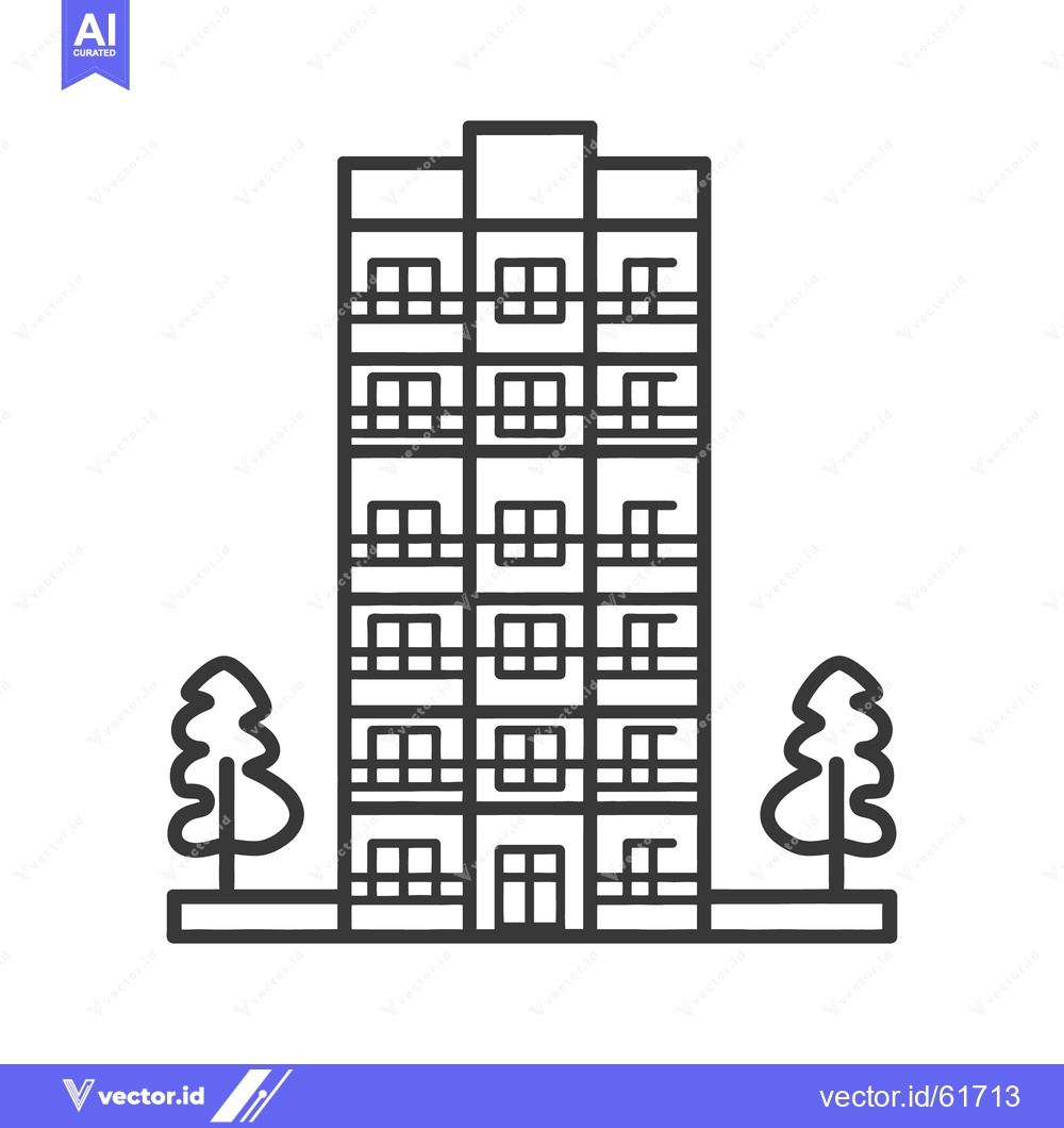 Premium Vector dari A tall residential apartment building flanked by two stylized green tr