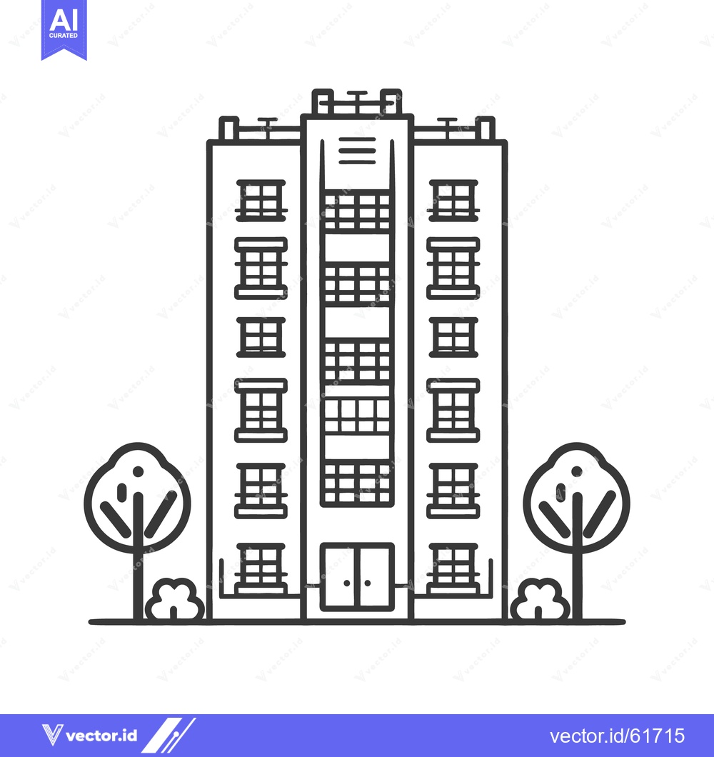 Premium Vector dari A tall building with windows trees and a simple flat design