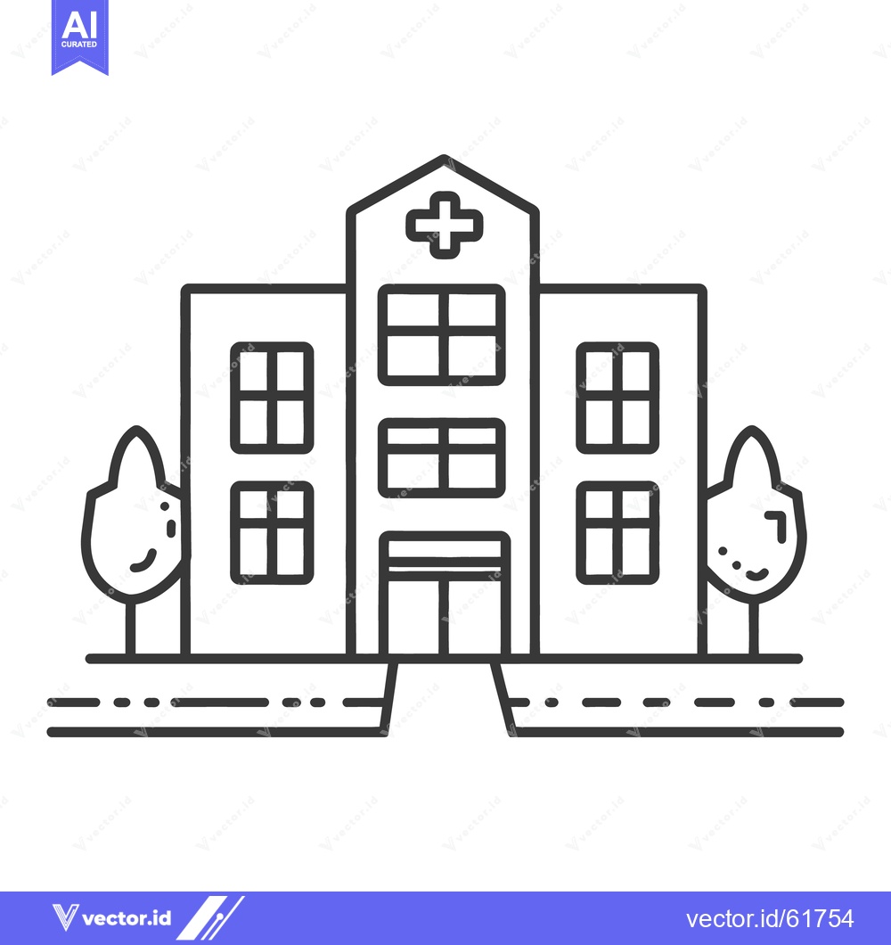 Premium Vector of A line drawing depicts a medical facility with trees and road
