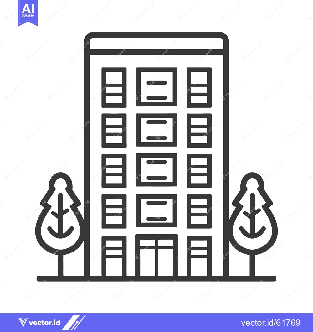 Premium Vector dari A modern building with multiple windows and trees on the sides